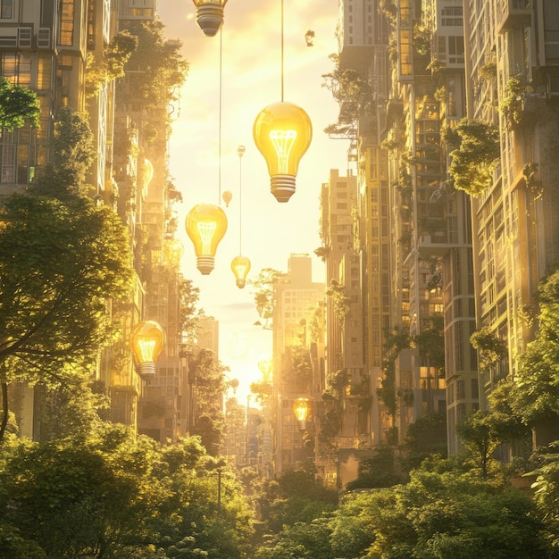 A futuristic cityscape with glowing light bulbs hanging in the sky suggesting a bright and innovative future