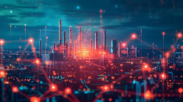 Futuristic cityscape with glowing lights and connected networks