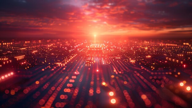 Photo futuristic cityscape with glowing lights and digital elements at sunset perfect for technology and scifi themes