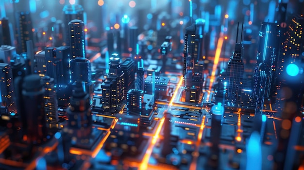 Photo futuristic cityscape with glowing lights