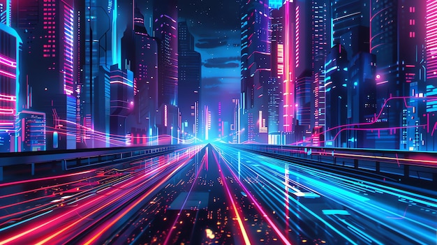 A futuristic cityscape with glowing neon lights and digital lines