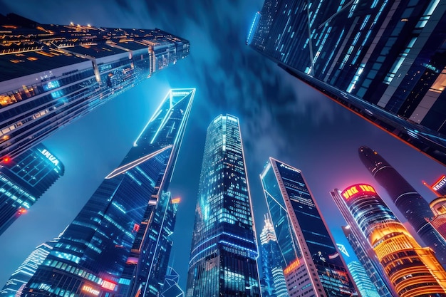 Futuristic cityscape with glowing skyscrapers background