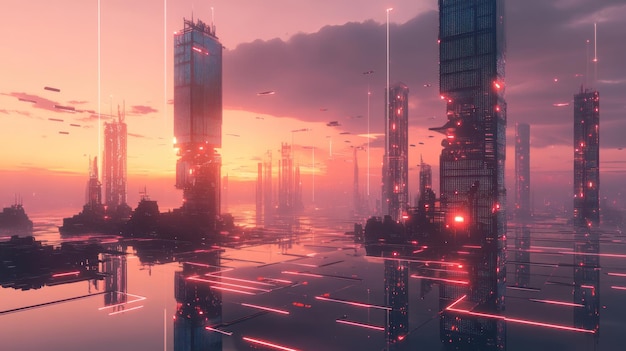 Photo futuristic cityscape with glowing towers at sunset