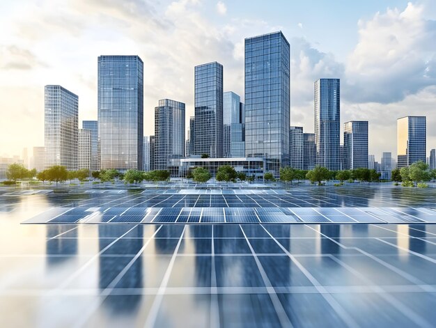 Photo futuristic cityscape with grid like skyscrapers and renewable energy solar panels