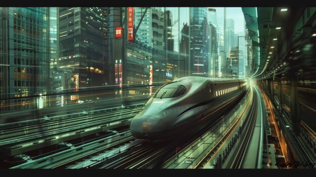 Photo futuristic cityscape with a highspeed train