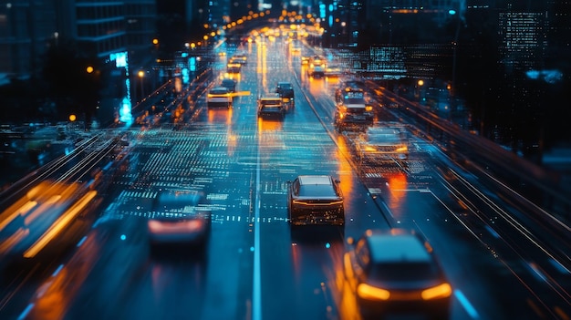 Photo a futuristic cityscape with a highway filled with selfdriving cars symbolizing the future of