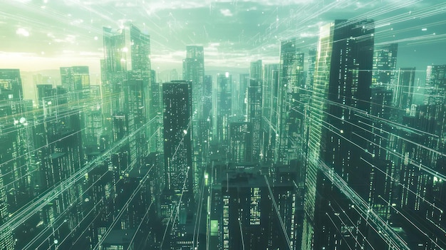 Futuristic Cityscape with Illuminated Buildings and Digital Lines