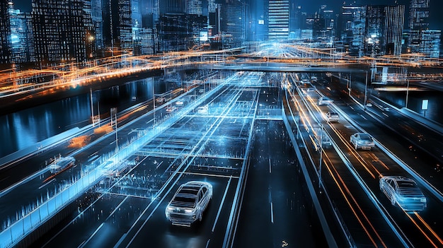 Photo futuristic cityscape with illuminated roads and moving vehicles