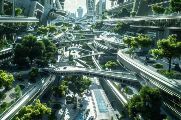 Photo futuristic cityscape with lush greenery