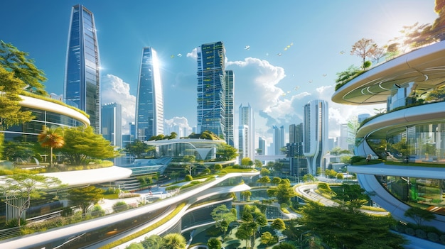 Futuristic Cityscape with Lush Greenery