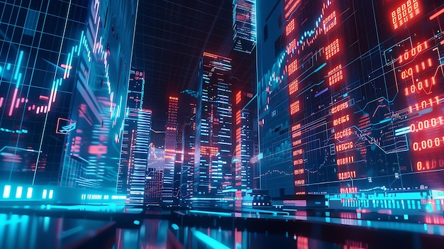 Futuristic Cityscape with Neon Lights and Data Displays