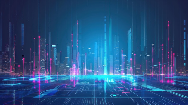 Futuristic Cityscape with Neon Lights and Digital Data