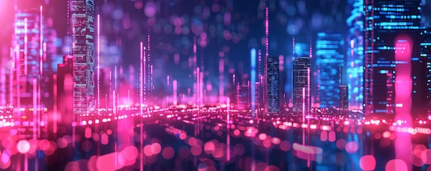 Futuristic cityscape with neon lights and digital elements showcasing urban night life and technolog