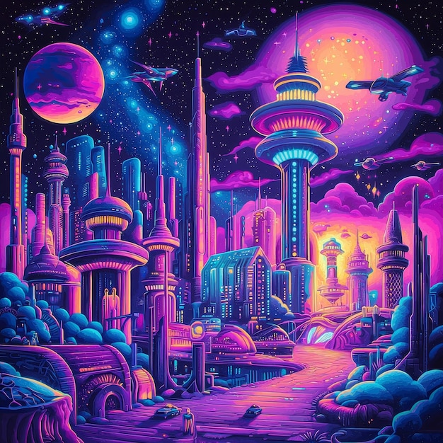 Futuristic Cityscape with Neon Lights and Flying Spaceships