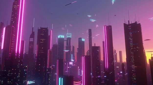 Futuristic Cityscape With Neon Lights and Flying Vehicles at Sunset