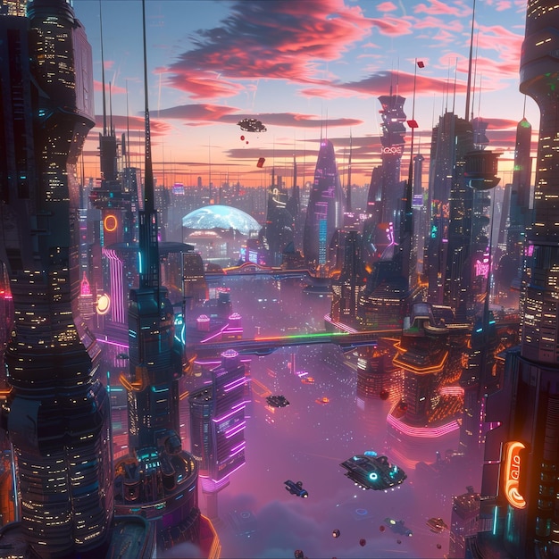 A futuristic cityscape with neon lights and flying vehicles