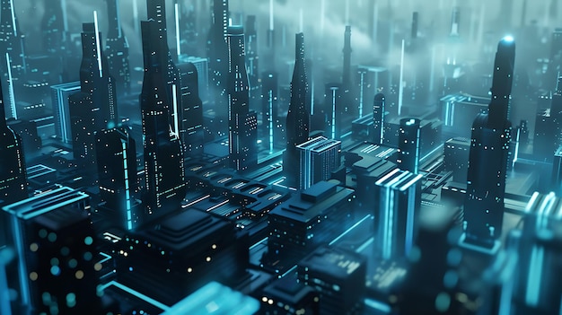 Futuristic Cityscape with Neon Lights and Fog