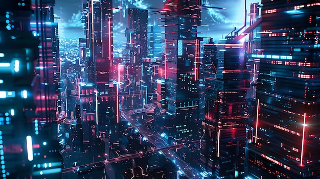 Futuristic Cityscape with Neon Lights and Glowing Towers