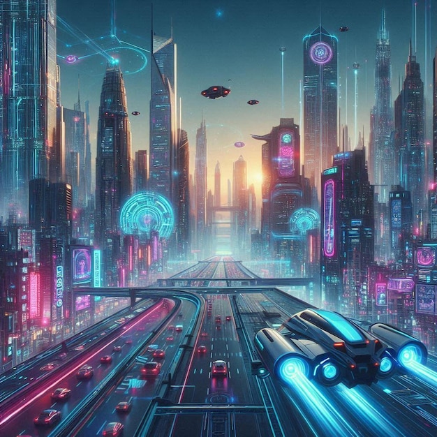 Futuristic cityscape with neon lights reflecting on sleek glass skyscrapers flying cars