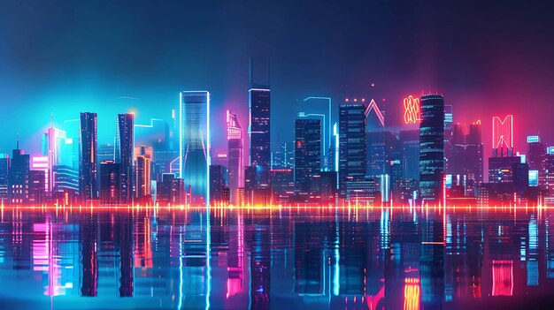 Futuristic cityscape with neon lights reflecting in the water