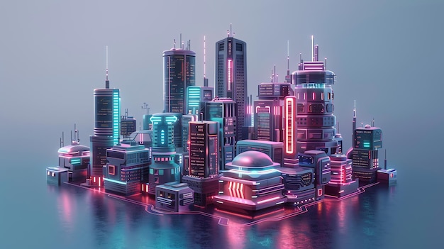 Photo a futuristic cityscape with neon lights reflecting on a watery surface