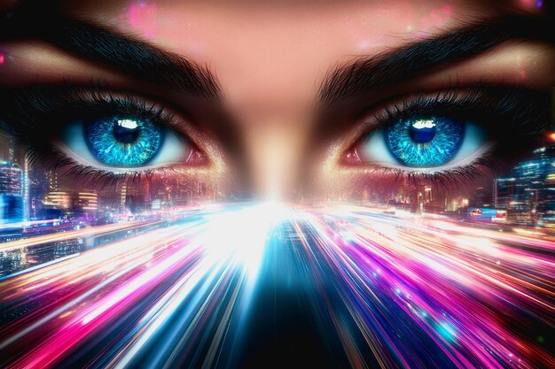 Futuristic cityscape with neon lights speeding cars and a womans glowing blue eyes