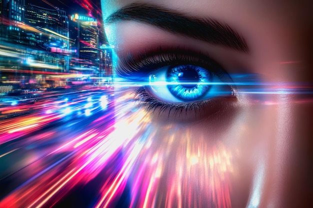 Futuristic cityscape with neon lights speeding cars and a womans glowing blue eyes