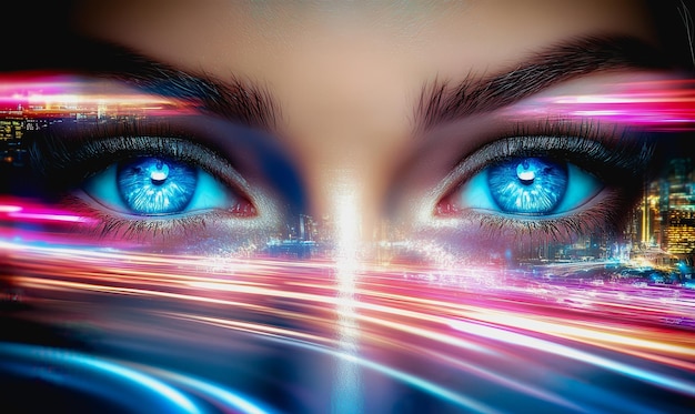 Futuristic cityscape with neon lights speeding cars and a womans glowing blue eyes