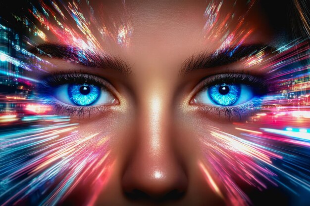 Photo futuristic cityscape with neon lights speeding cars and a womans glowing blue eyes