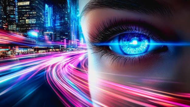 Futuristic cityscape with neon lights speeding cars and a womans glowing blue eyes