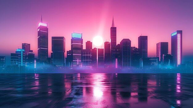 Photo a futuristic cityscape with neon lights at sunset reflecting in the water