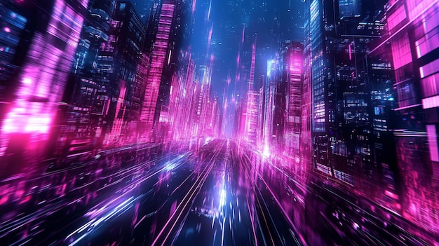 Futuristic Cityscape with Neon Lights and Tall Buildings