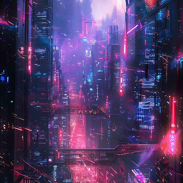 Photo futuristic cityscape with neon lights