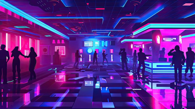 Photo futuristic cityscape with people in a bar with neon lights reflecting on the floor