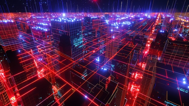 Futuristic Cityscape with Red and Blue Neon Lights