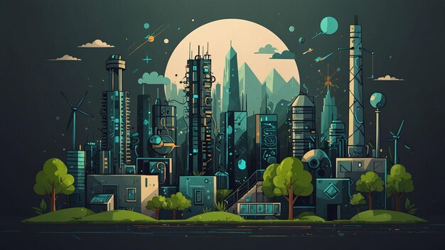 Photo futuristic cityscape with skyscrapers wind turbines and full moon digital illustration