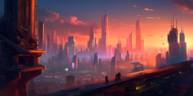 A futuristic cityscape with sleek and modern architecture lit up by neon lights and a colorful sunset sky Dystopian illustration Generative Ai