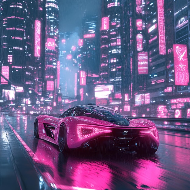 Photo futuristic cityscape with a sleek pink sports car