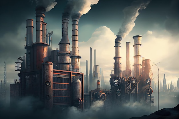 A futuristic cityscape with smoke and steam rising from the chimneys of industrial buildings