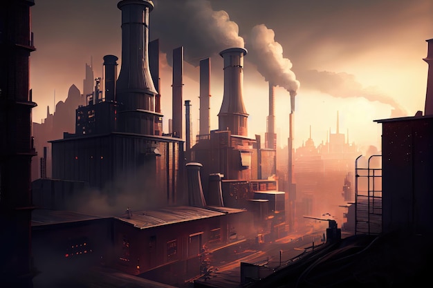 A futuristic cityscape with smoke and steam rising from the chimneys of industrial buildings