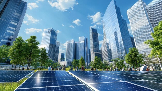 Photo a futuristic cityscape with solar panels and modern skyscrapers under a bright sky