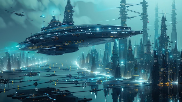 Futuristic Cityscape with Spaceship