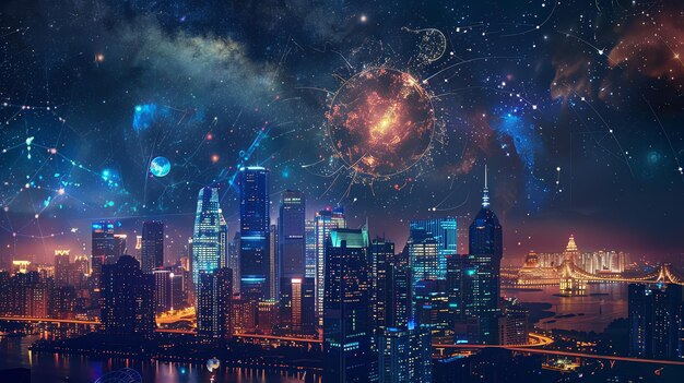 A futuristic cityscape with a starry sky and glowing constellations