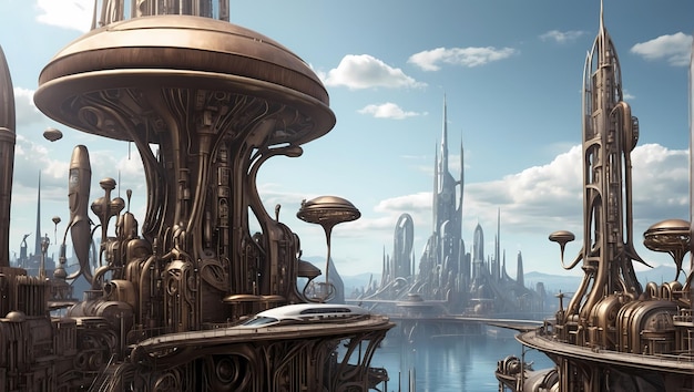 futuristic cityscape with a steampunk twist