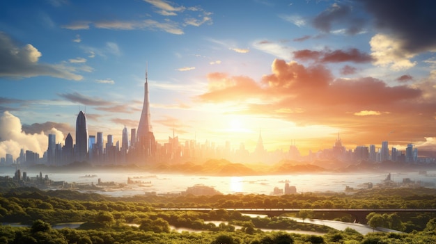 Futuristic Cityscape with Sunset