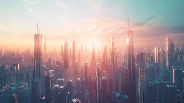 Futuristic cityscape with tall skyscrapers and a hazy sunrise modern metropolis and urban