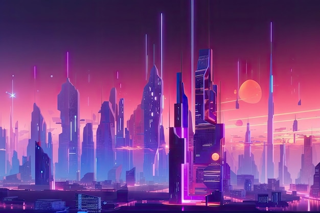 Futuristic cityscape with towering buildings and holographic advertisements