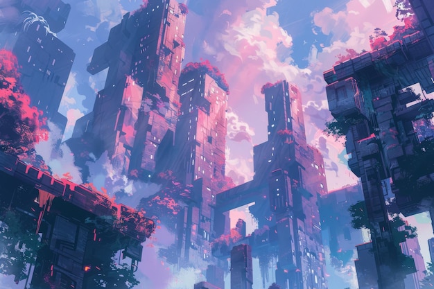 Futuristic Cityscape with Towering Buildings and Pink Trees