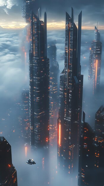 Photo a futuristic cityscape with towering skyscrapers amidst clouds and a flying vehicle