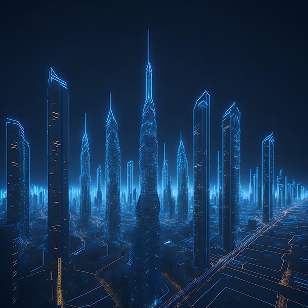 A futuristic cityscape with towering skyscrapers each one adorned with glowing circuit microchips